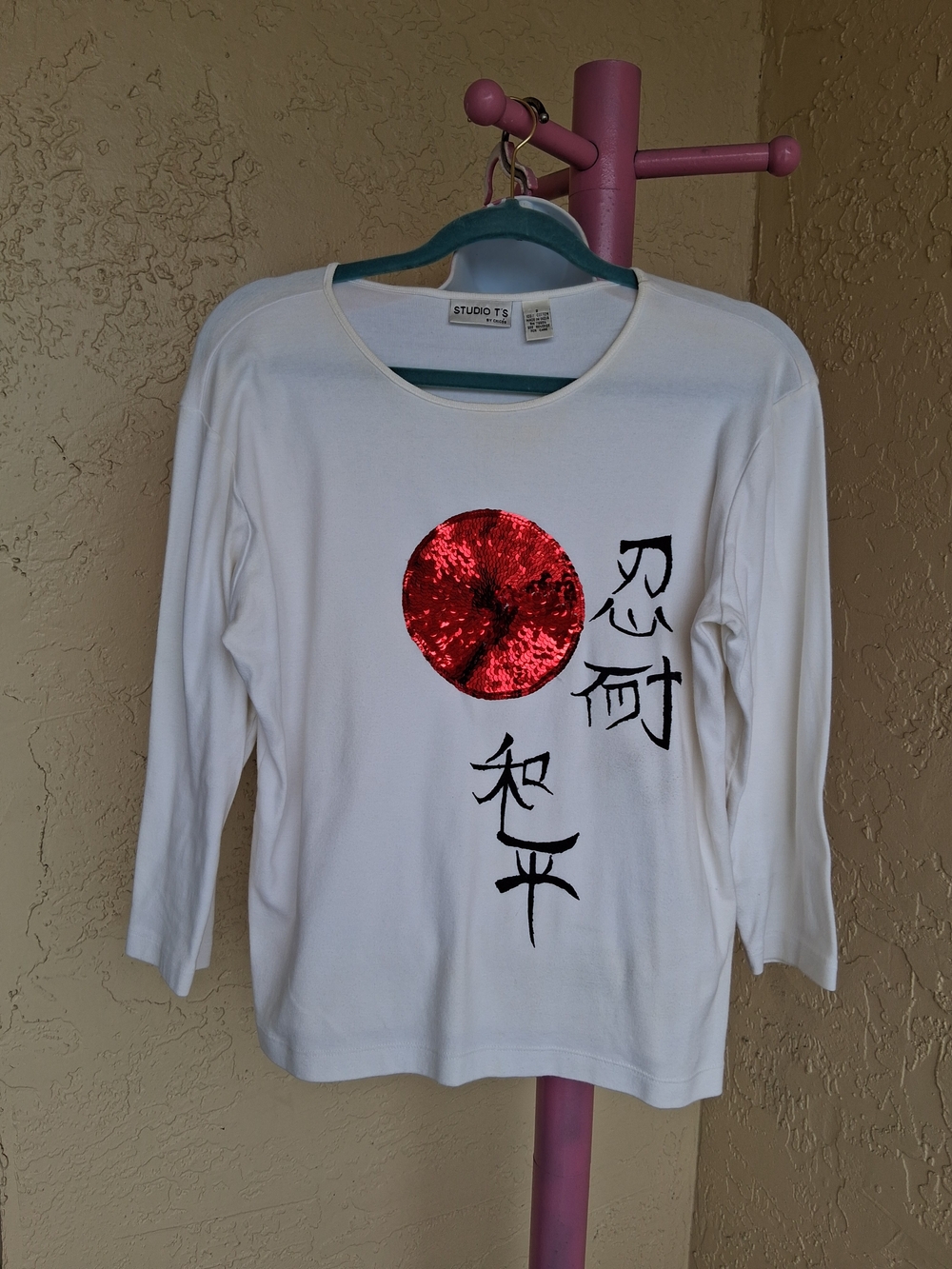 Japanese Design  White Long Sleeve Top with Red Sequin Sun